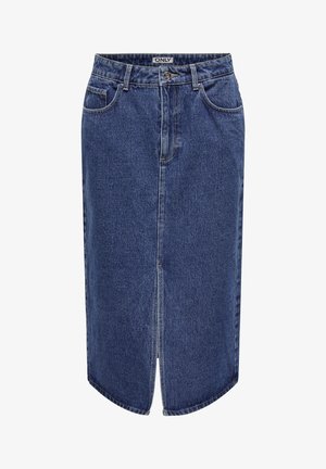 Denim skirt with a mid-length cut, dark blue wash, front slit, and classic five-pocket design, featuring a button and zip closure.
