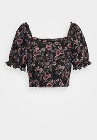 Černý květinový crop top s elastickými balónovými rukávy, který má růžové a zelené květinové vzory na texturované látce. Čtvercový výstřih, přiléhavý střih.
