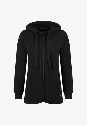 Czarna bluza z kapturem na zamek, z długimi rękawami, płaskimi sznurkami i luźnym krojem. Wykonana z gładkiego materiału bez widocznych wzorów czy dodatków.