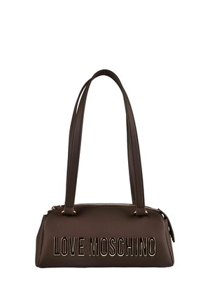 Sac à main marron avec doubles bretelles et logo doré "LOVE MOSCHINO" à l’avant, muni d’une fermeture zippée en haut.