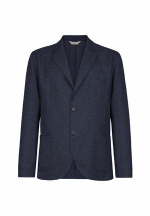Blazer en laine marine, design à un seul boutonnage, deux boutons, revers crantés, poches latérales et une poche poitrine gauche. Texture douce.