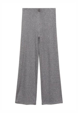 Šedé kalhoty s širokými nohavicemi vyrobené z měkké, elastické látky. Mají hladký pás a jednoduchý, nezdobený design.