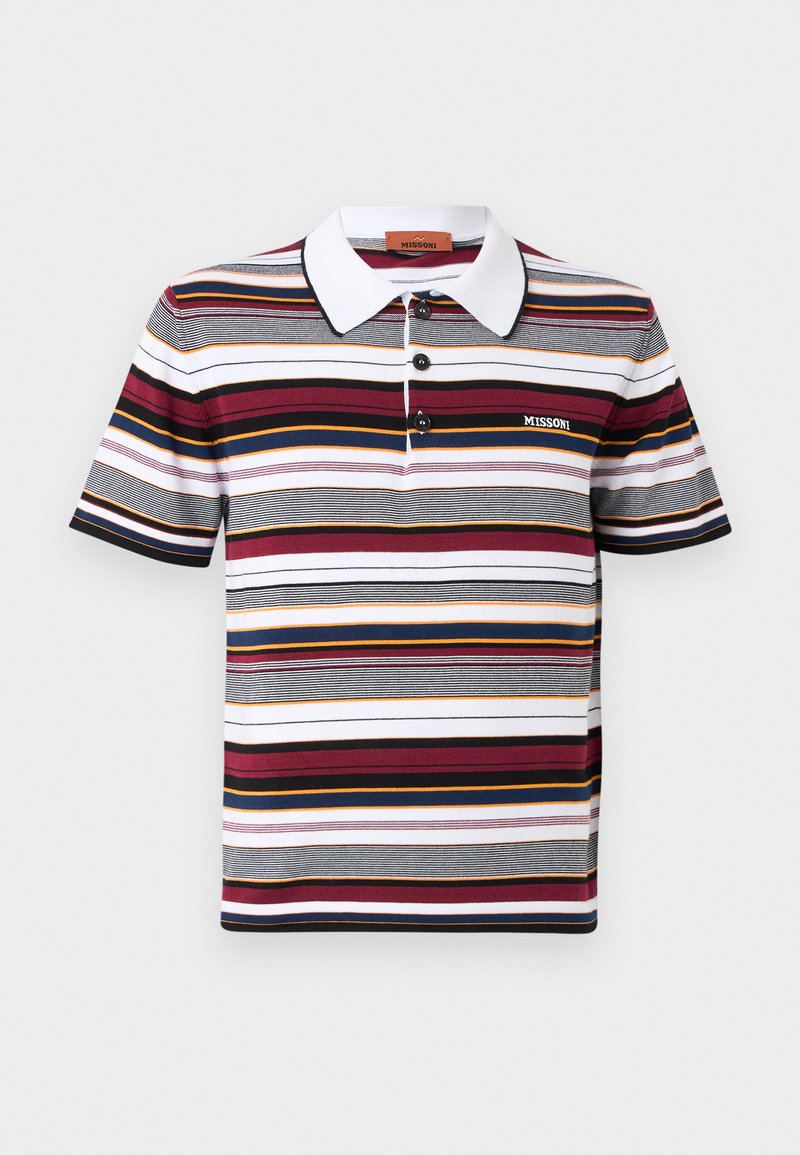 Short-sleeve polo shirt with white collar, button placket, and horizontal stripes in burgundy, navy, black, white, and gold tones.