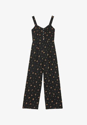 Must musta lühikeste varrukatega kombinesoon, millel on laiad püksisääred, ees nööbitav sulgemine ja väikese värvilise lillemustriga kõikjal laiali.