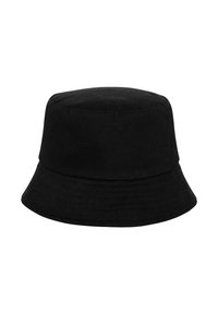 Gorra de cubo negra hecha de tela, con una corona redondeada, ala ancha que se inclina hacia abajo y textura suave sin patrones visibles.