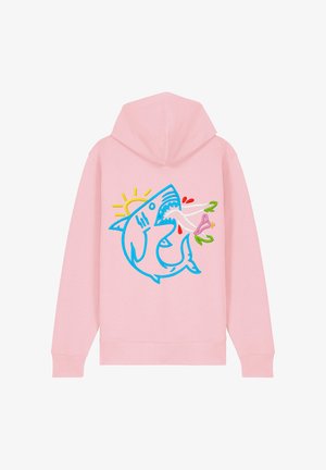 Felpa rosa con un grafiche ricamato di squalo blu, con elementi stilizzati come fiori e sole per un tocco in più. Tessuto morbido, vestibilità casual.
