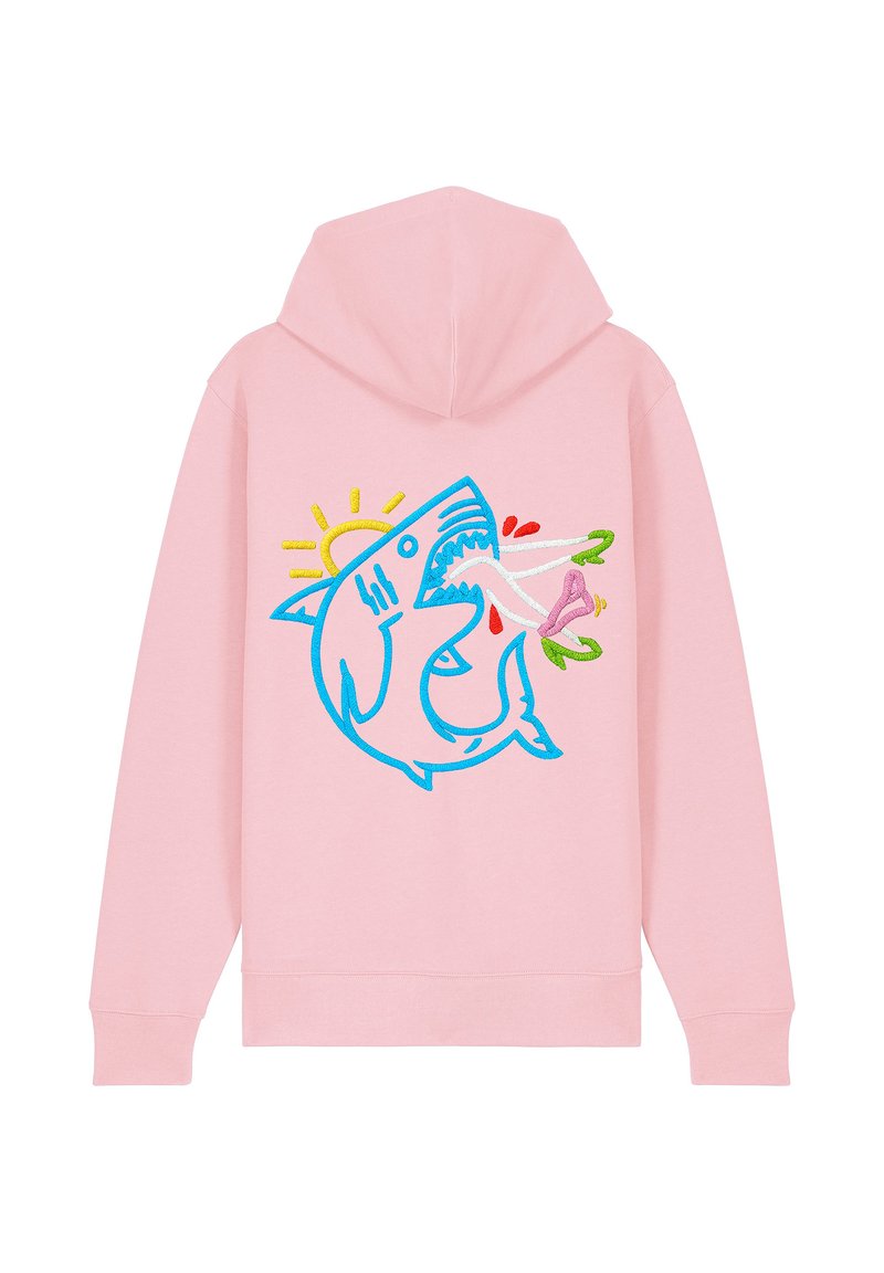 Felpa rosa con un grafiche ricamato di squalo blu, con elementi stilizzati come fiori e sole per un tocco in più. Tessuto morbido, vestibilità casual.