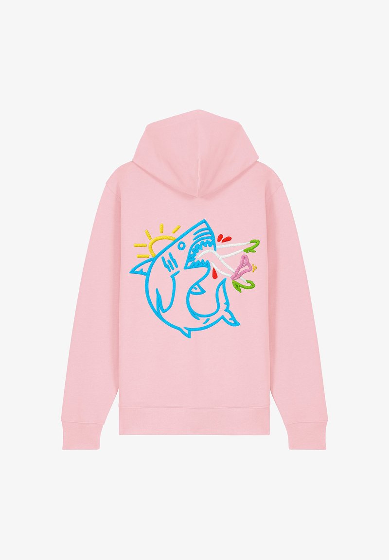 Felpa rosa con un grafiche ricamato di squalo blu, con elementi stilizzati come fiori e sole per un tocco in più. Tessuto morbido, vestibilità casual.