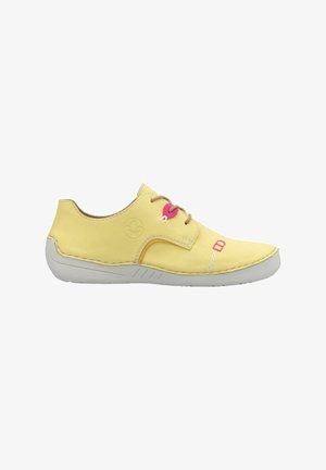 Yellow leather shoe with pink accents, featuring lace-up design, beige stitching, gray rubber sole, and a rounded toe shape.