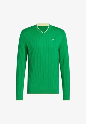 Zeleni rebrasti pulover s V-izrezom i kontrastnim svijetlozelenim obrubom oko vrata. Sadrži mali izvezeni logo na grudima.