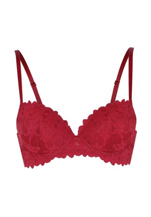 Reggiseno rosso in pizzo con bordo a zig-zag, motivo floreale, coppe con supporto e spalline in satin regolabili. Il tessuto testurizzato aggiunge dettaglio.