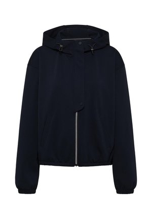 Navy blue sweatshirt jacket featuring a drawstring hood, zip front closure, ribbed cuffs, and two side pockets. Soft fabric with minimal design.