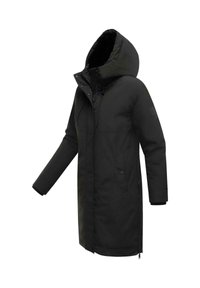 Parka noire avec capuche, devant zippé et poches latérales. Fabriquée en matériau lisse et résistant à l'eau, avec un design légèrement cintré.