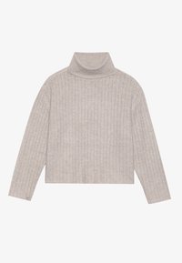 Pull à col roulé côtelé beige avec un design court et des manches longues. Texture de tissu douce et fines rayures horizontales visibles.