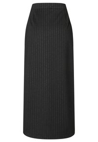Zwarte kokerrok met verticale streepjes. Gemaakt van een soepele stof, heeft een hoge taille en discrete zijzakken. Ontwerp tot op de knie.