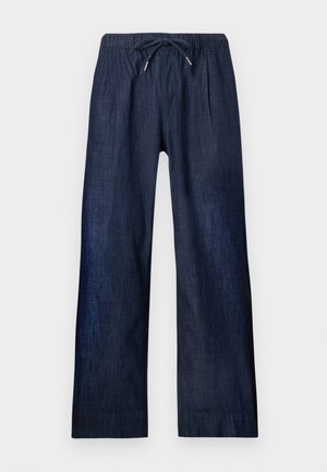 Dunkelblaue locker geschnittene Hose mit elastischem Bund und Kordelzug, aus leichtem Denimstoff.