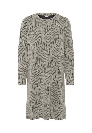 Langärmliges graues Kleid mit schwarzem abstraktem wellenförmigem Linienmuster und rundem Ausschnitt, knielang und gerader Schnitt.