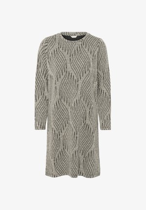 Haljina dugih rukava u sivoj boji s uzorkom crnih apstraktnih valovitih linija i okruglim izrezom na vratu, dužine do koljena i ravnog kroja.