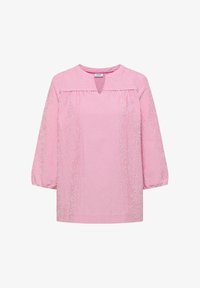 Blusa de manga larga con rayas verticales rosas y blancas, con escote redondo que presenta un pequeño corte en V y mangas fruncidas en los puños.