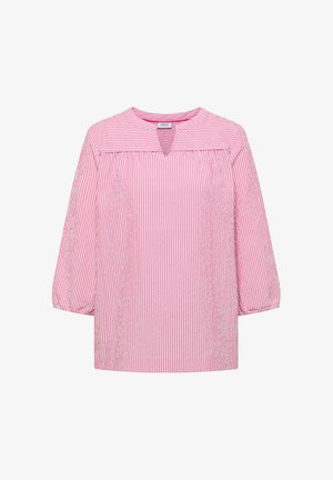 Vaaleanpunavalkoinen pystysuorilla raidoilla varustettu pitkähihaisen pusero, jossa on pyöreä pääntie, pieni V-mallinen leikkaus ja hihansuissa kerätyt hihat.