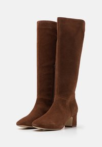 Stivali al ginocchio in suede marrone con punta affusolata e tacco a blocco, dotati di una cerniera laterale per una facile indossatura e una texture liscia.