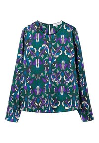 Blusa a maniche lunghe in tessuto verde con un motivo floreale decorato con accenti viola, blu e bianchi. Collo rotondo senza chiusure.