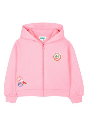 Pink zip-up hoodie made of lightweight fabric featuring a hood, ribbed cuffs, and embroidered fruit patches on the front.