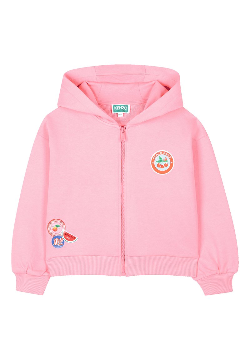 Roze zip-up hoodie van lichtgewicht stof met een capuchon, ribgebreide manchetten en geborduurde fruitpatches aan de voorkant.