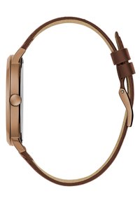 Braun lederarmbanduhr mit einem bronzefarbenen Metallgehäuse, rundem Zifferblatt und einer strukturierten Krone. Das innere Armband ist hellbraun mit einem dezenten Finish.