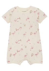 Kortärmad romper i ljus krämfärgad bomull med ett mönster av rosa flamingos och blommor, med tryckknappar vid axeln och i botten.