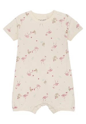 Combinaison à manches courtes en coton crème clair avec un motif de flamant rose et de fleurs, dotée de fermetures à pression aux épaules et au bas.