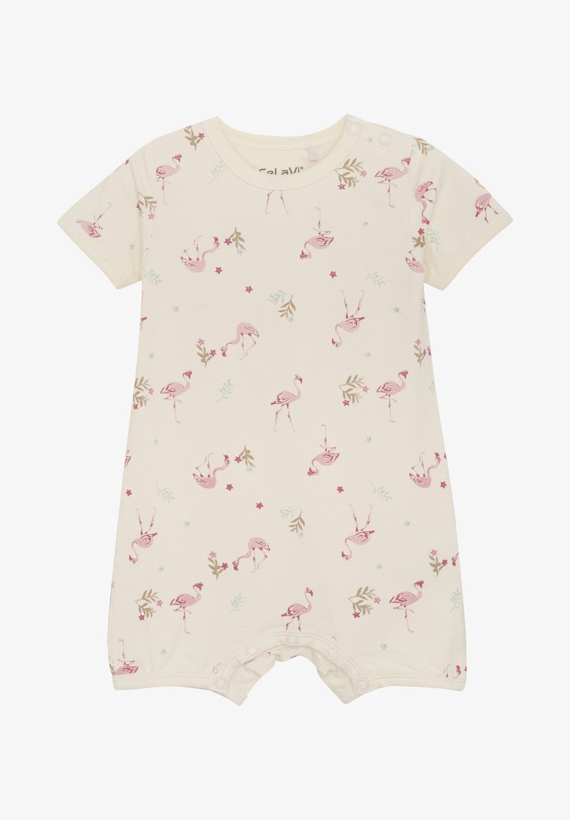 Romper z krótkim rękawem w jasnym kremowym kolorze z bawełny, z różowym flamingiem i wzorem kwiatowym, z zapięciami na snapsy na ramieniu i na dole.