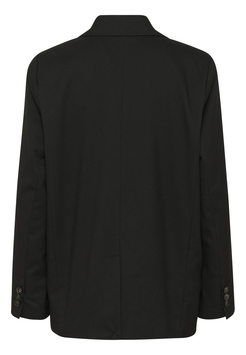 Schwarze Blazer mit Reverskragen, langen Ärmeln und geknöpften Manschetten; glattes Material mit tailliertem Rückendesign und ohne sichtbare Taschen.