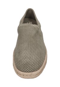 Slip-on batai su perforuota alyvuogių spalvos tekstilės viršutine dalimi ir pintu džutiniu padu. Lygus paviršius ir apvalios formos, sukurti komfortui.