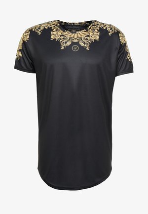 Schwarzes kurzärmeliges T-Shirt mit goldenen, verzierten Blumenmustern auf Schultern und Ausschnitt, mit kleinem rundem Logo auf der Brustmitte.