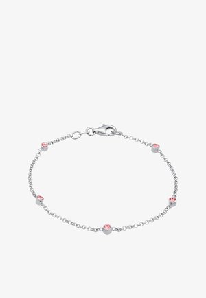 Silberne Kettenarmband mit runden Gliedern und vier rosa Edelsteinen, versehen mit einem sicheren Karabinerverschluss.