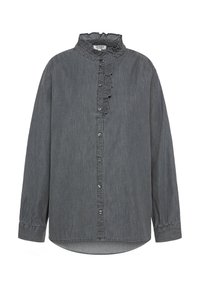 Gray button-up shirt with a ruffled collar, long sleeves, and a slightly curved hem. Fabric appears lightweight and has a smooth texture.
