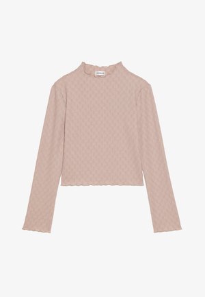 Šviesiai rožinės spalvos ilgomis rankovėmis viršus, megztos tekstūros, su banguotu apvadu ir padriku apykakle. Pasižymi subtiliu geometriniu raštu visame paviršiuje.