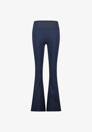 Marineblauwe yogabroek gemaakt van rekbare stof, met een hoge tailleband en uitlopende pijpen, met een gladde textuur en een aansluitende silhouet.