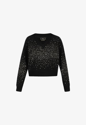 Juodas V formos kaklo megztinis, papuoštas sidabriniais blizgučiais, turintis laisvą siluetą ir ilgas rankoves. Lygus paviršius, trumpesnio ilgio dizainas.