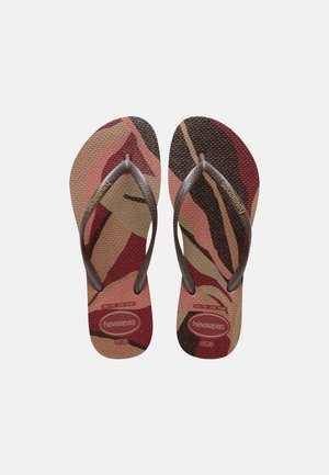 Pair of brown and pink patterned Havaianas flip-flops with textured sole and brown Y-shaped straps on a white background.