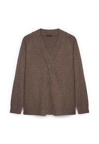 Brązowy sweter dzianinowy z długim rękawem i kołnierzem w kształcie V, ułożony na płasko na białym tle.