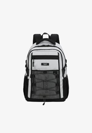 Sac à dos gris et noir avec des bretelles rembourrées, plusieurs compartiments zippés et une poche en mesh avant dotée de bandes élastiques pour un rangement supplémentaire.