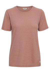 T-shirt rosa chiaro a maniche corte realizzato in tessuto texture, caratterizzato da un collo rotondo e da un piccolo tag con logo all'orlo.