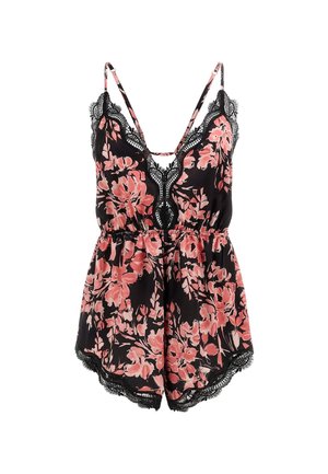 Black floral romper with pink flowers, featuring a lace-trimmed neckline and hem, adjustable spaghetti straps, and an elastic waist.