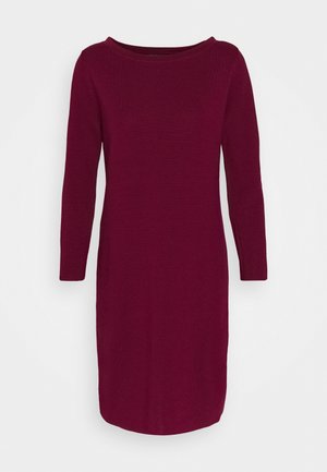 Robe en maille à manches longues, longueur au genou, de couleur rouge foncé, avec un col rond et une silhouette ajustée.