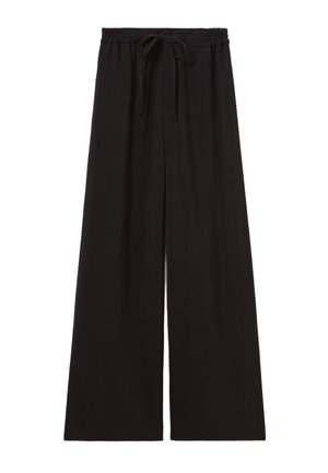 Pantalones negros de pierna ancha hechos de una tela suave, con una cinturilla elástica y cordón. Sin patrones ni detalles adicionales.