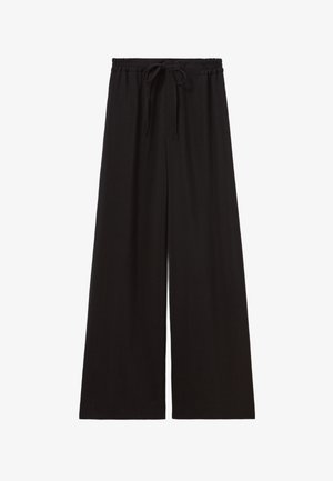 Pantalons larges noirs en tissu doux, avec une taille élastique et un cordon de serrage. Aucun motif ou détail supplémentaire présent.