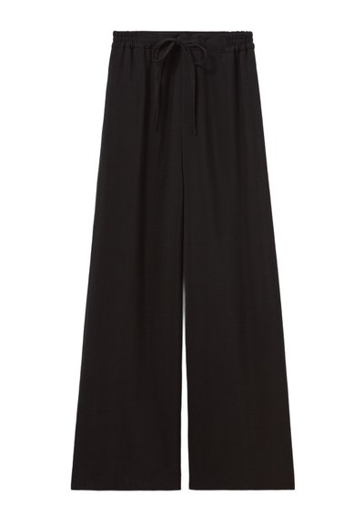 Pantaloni neri a gamba larga realizzati in tessuto morbido, con una vita elastica dotata di coulisse. Nessun motivo o dettaglio aggiuntivo presente.