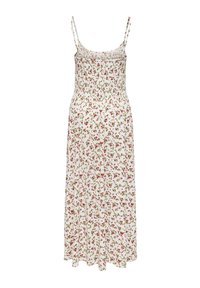 Robe midi blanche sans manches avec imprimé floral rose et vert et corsage froncé, avec fines bretelles.